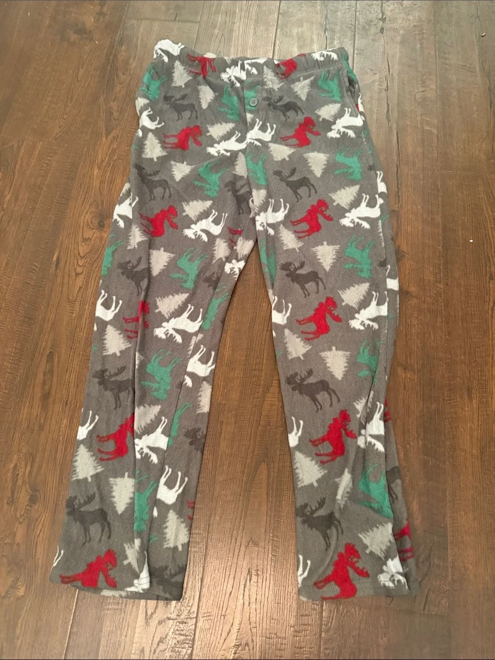 Cozy Moose Print Fleece Lounge Pants - Gray with Red, Green & White